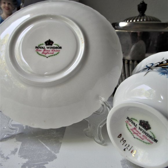 Fine Bone China Mug & Saucer Blue Flowers by Royal Windsor, England - Picture 11 of 13